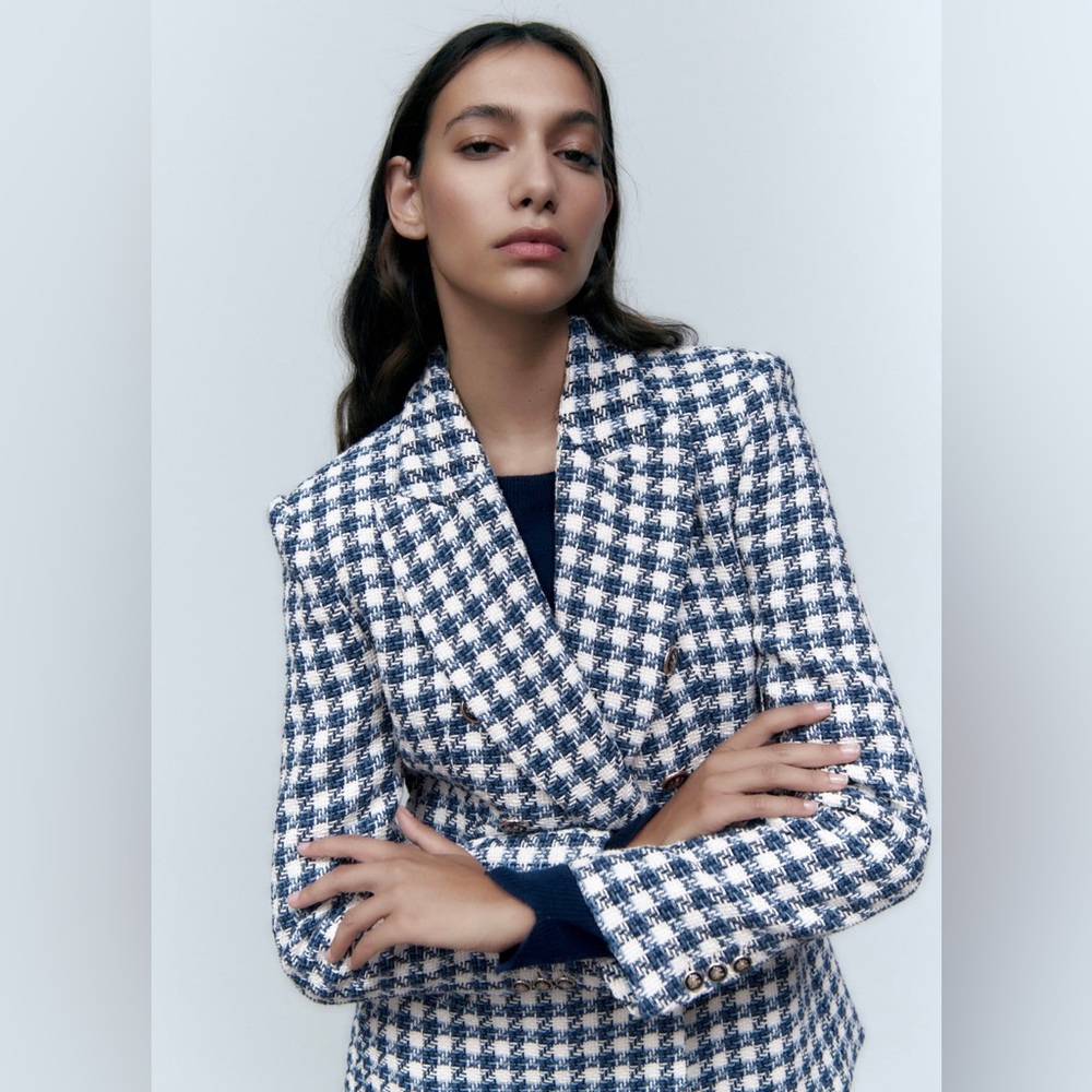Zara double breasted textured jacket blazer lapel collar shoulder pads - Picture 6 of 10